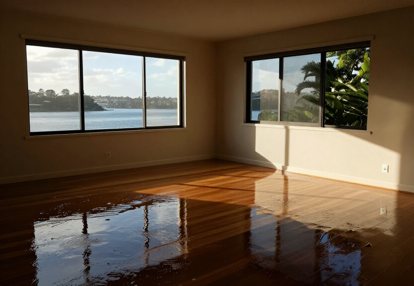 Flooded living room in a Kingsford apartment before restoration